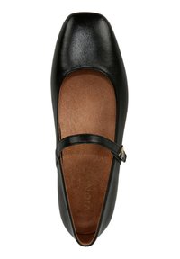 Zwarte leren balletschoenen met een vierkante neus, enkelbandje en een bruine binnenzool. Gladde textuur met minimale hardware-details.