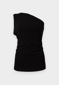 En-skulder svart topp laget av myk stoff, med en tett passform og milde draperinger ved midjen, med en jevn, matt tekstur.