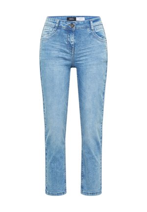 Lyseblå denimjeans med knap- og lynlås-lukning foran, lommer foran og bagpå samt et slankt, lige fit.