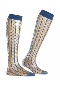 Knielange visnet sokken met een blauwe bovenband en een huidkleurig nett patroon, met een gladde textuur en een versterkt teenontwerp.