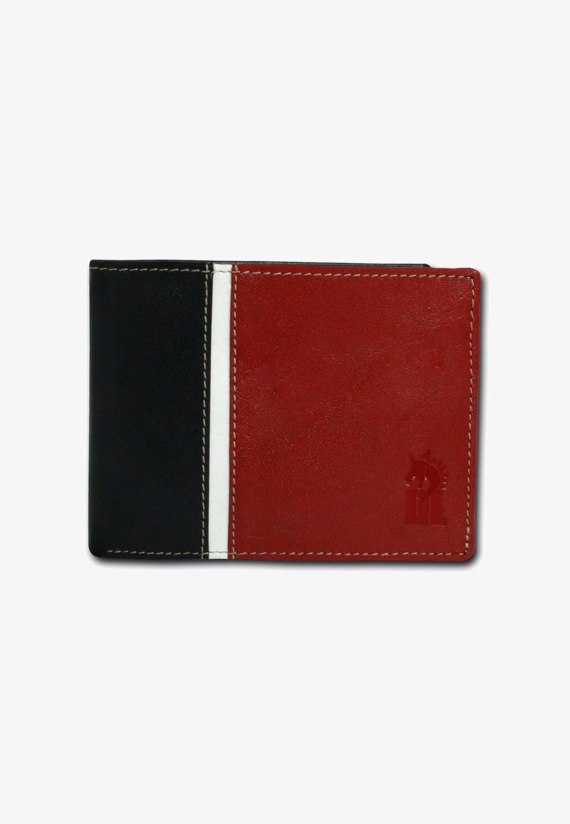 Leather wallet with a black left panel and a red right panel. Features white stitching and embossed logo detail in the bottom right corner.