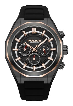 Reloj de pulsera cronógrafo en negro y oro rosa con tres subesferas, marcadores de hora luminiscentes y correa de caucho negro de la marca Police.
