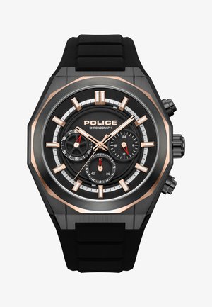 Černé a růžově zlaté chronografní náramkové hodinky s třemi subciferníky, luminiscenčními indexy hodin a černým pryžovým řemínkem značky Police.