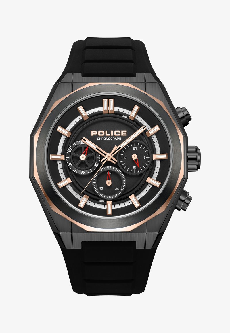 Reloj de pulsera cronógrafo en negro y oro rosa con tres subesferas, marcadores de hora luminiscentes y correa de caucho negro de la marca Police.