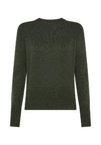 Maglione a maglia verde scuro con maniche lunghe, orlo a costine e scollatura rotonda. Tessuto testurizzato con una vestibilità leggermente ampia e design minimale.