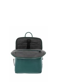 Sac à dos en cuir teal avec une forme arrondie, intérieur doublé gris, fermeture éclair, poche intérieure et anse de suspension en haut.