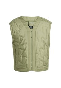 Zeleno okrašena brezrokavnik z V-izrezom, zadrgo in brez rokavov. Gladka tekstura z vgrajenimi vzorčnimi podrobnostmi in logotipom na dnu.