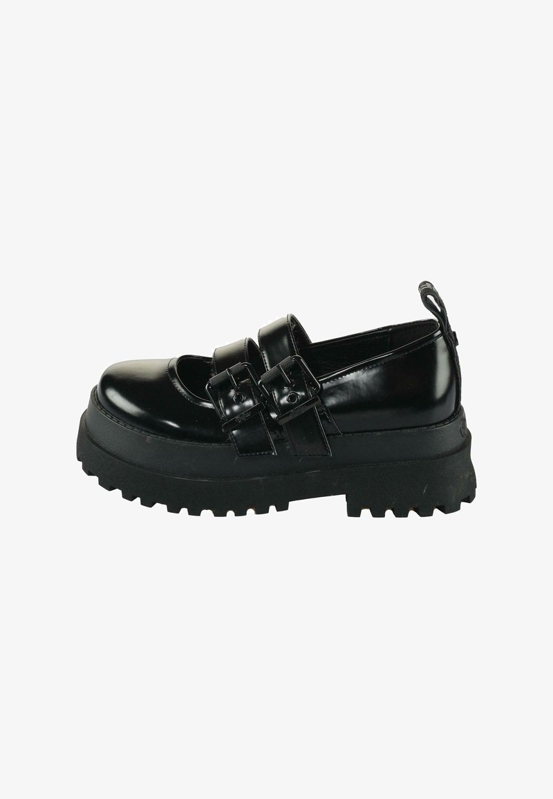 Zwarte gepatineerde leren schoenen met twee verstelbare banden, ronde teen, dikke rubberen zool en een gestructureerde loopvlak voor grip.