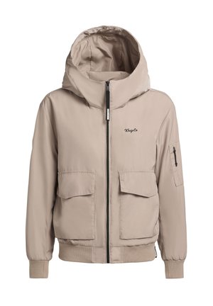 Beige hooded jacket made of smooth, lightweight material. Features two front pockets, zip closure, and ribbed cuffs for a snug fit.