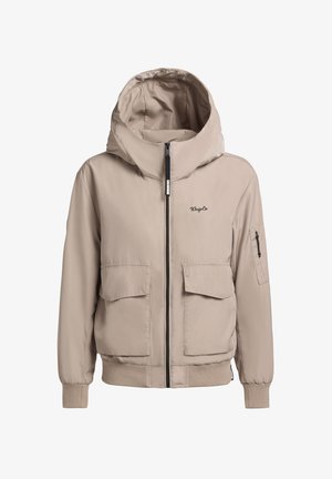 Beige színű kapucnis dzseki sima, könnyű anyagból készült. Két elülső zsebe, cipzáras záródása van, és bordázott mandzsettái szoros illeszkedést biztosítanak.