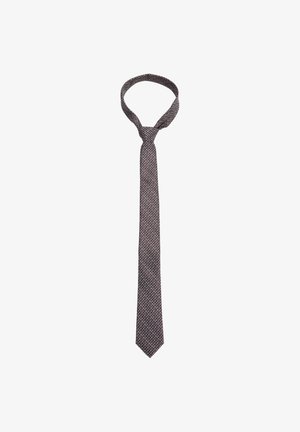 Patterned necktie in dark purple, featuring a geometric design with white and red accents, made from smooth fabric, tapered end.