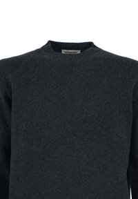 Maglione grigio scuro in lana con scollatura rotonda, polsini a costine e una texture morbida. L'etichetta visibile all'interno del colletto riporta "ACANFORA."