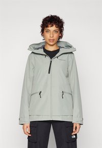 Light grey waterproof jacket with a hood, featuring a front zipper, adjustable cord, two zippered pockets, and elastic cuffs.
