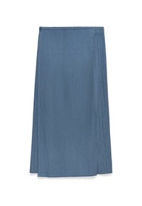 Blå, knälång kjol med en strukturerad yta, som har vertikala veck och en asymmetrisk nederdel. Elastisk midja med en slät yta.