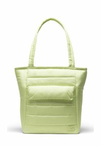 Sac cabas matelassé vert clair avec de longues anses, doté d'une poche avant et d'une texture lisse et douce. Lignes de couture visibles sur le corps.