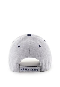 Gray baseball cap featuring a navy blue accent, with a flat brim and embroidered "MAPLE LEAFS" text on the adjustable strap at the back.