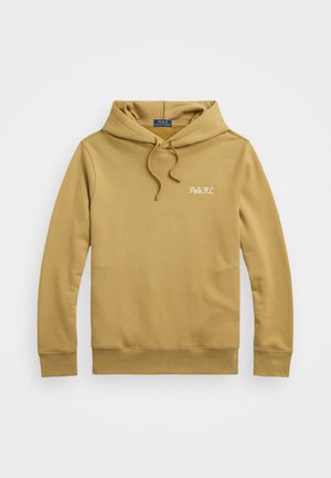 Sudadera con capucha marrón en una suave mezcla de algodón. Cuenta con un bolsillo canguro frontal y un logo bordado "Polo R.L." en el pecho.