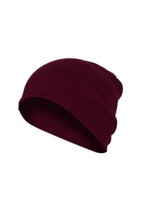 Burgundy ribbed knit beanie with a slouchy design. Soft texture, rounded top, and folded brim for a relaxed fit.