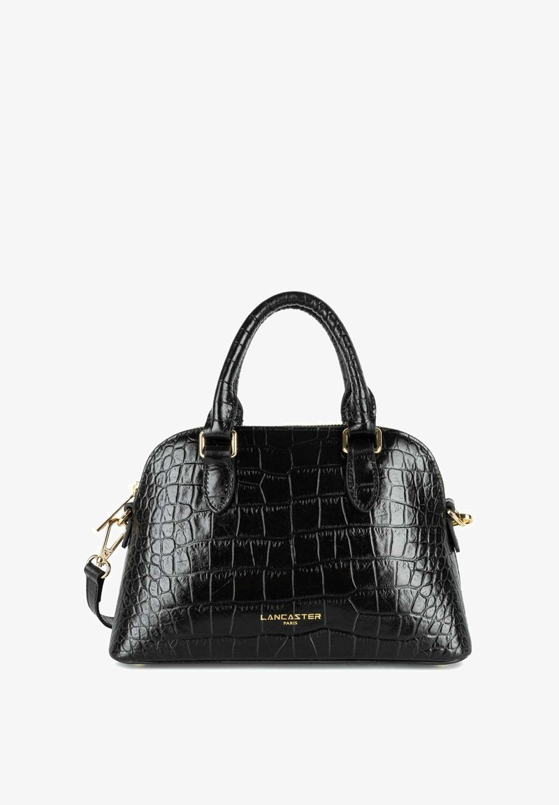 Borsa in pelle nera con goffratura a forma di coccodrillo, dotata di doppio manico, hardware dorato e tracolla rimovibile. Presenta il logo del brand sulla parte anteriore.
