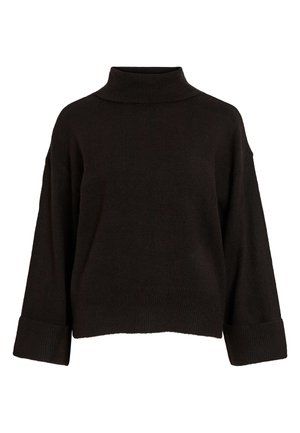 Sweater de gola alta preto com um corte descontraído, apresentando punhos e bainha canelados, feito de um tecido de malha suave. Design simples e limpo.