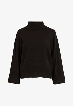 Mustaa poolopaitaa rento istuvuus, jossa on ribbineulekaulukset ja helmavarat. Valmistettu pehmeästä neulekankaasta. Yksinkertainen, siisti muotoilu.