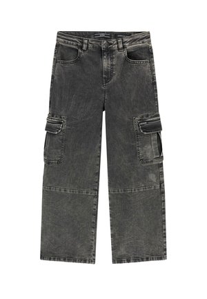 Pantalon cargo large noir délavé avec poches à rabat sur les deux cuisses et poches avant classiques, avec passants de ceinture et fermeture par bouton.
