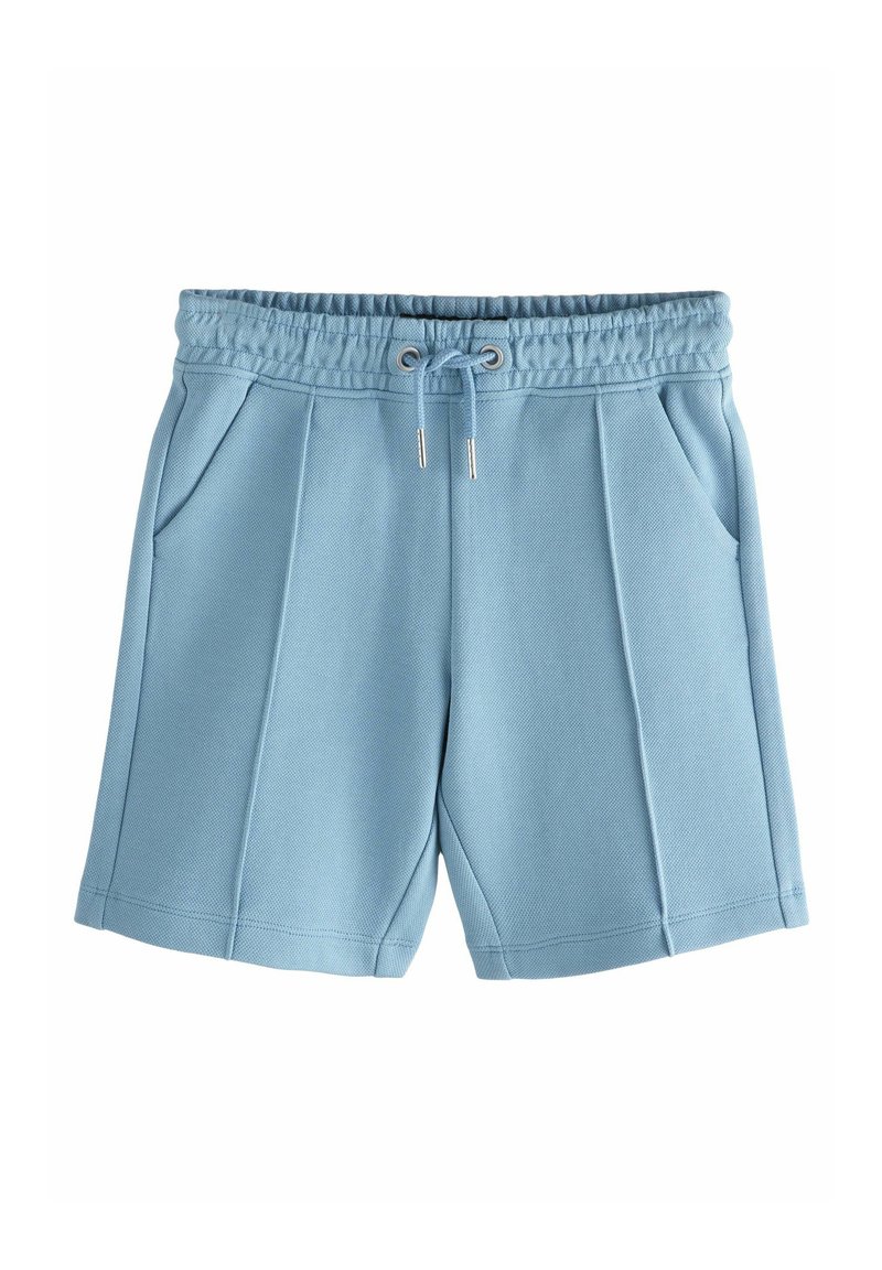 Shorts bleu clair en tissu texturé avec une taille élastique, un cordon de serrage et deux poches avant. Coupe ajustée et décontractée.