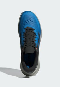 Blå atletisk sko med meshupp, svarta snören och grå sula. Har ventilationshål och texturerade detaljer; slank, modern design.