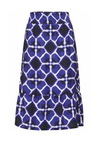 Violetti ja valkoinen kuvioitu hame, jossa on smokkivyötärö, kerroksellinen röyhelöhalkio ja geometrinen kuvio.