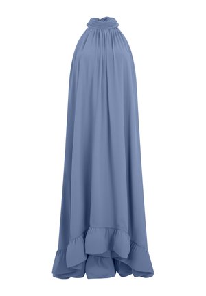 Blaues ärmelloses Neckholderkleid mit gerafftem Ausschnitt und gerüschtem Saum, aus fließendem Stoff, auf weißem Hintergrund dargestellt.