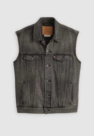 Denimvest i mørkegrå med knaplukning foran, to brystlommer og sideslids. Har en klassisk krave og Levi's lædermærke i nakken.