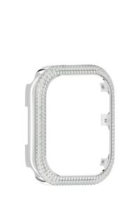 Caja de reloj plateada con forma cuadrada, adornada con cristales transparentes a lo largo del borde, con un acabado metálico suave y herrajes de sujeción.