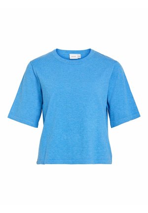 Blue short-sleeve T-shirt with a round neckline, made from soft, textured fabric. No patterns or graphics; simple, straight cut design.