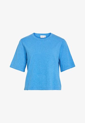 Modra kratka majica s kratkimi rokavi z okroglim izrezom, izdelana iz mehke, teksturirane tkanine. Brez vzorcev ali grafike; preprost, raven kroj.