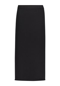 Jupe midi noire à coupe droite avec une ceinture simple, sans motifs ni ornements visibles, présentée sur un fond blanc.