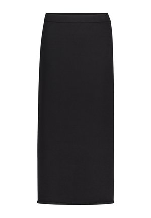 Jupe midi noire à coupe droite avec une ceinture simple, sans motifs ni ornements visibles, présentée sur un fond blanc.