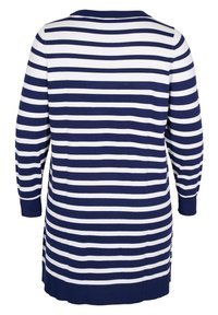 Tunique à manches longues rayée bleu marine et blanc avec un col rond et des fentes latérales pour faciliter les mouvements. Texture de tissu douce.