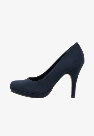 Námořnické modré lodičky na vysokém podpatku s kulatou špičkou, vyrobené z měkké semišové kůže, se hladkým povrchem a elegantním siluetou.