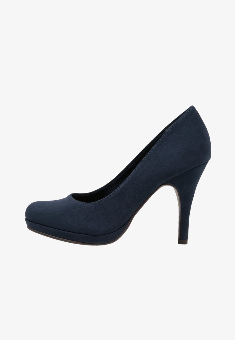 Navy blue high-heeled shoe with a rounded toe, made of soft suede, featuring a smooth surface and a sleek silhouette.