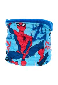 Blauwe stoffen nekgaiter met een Spider-Man graphic in rood en zwart, voorzien van een gestructureerd oppervlak en een heldere blauwe bies aan de bovenkant.