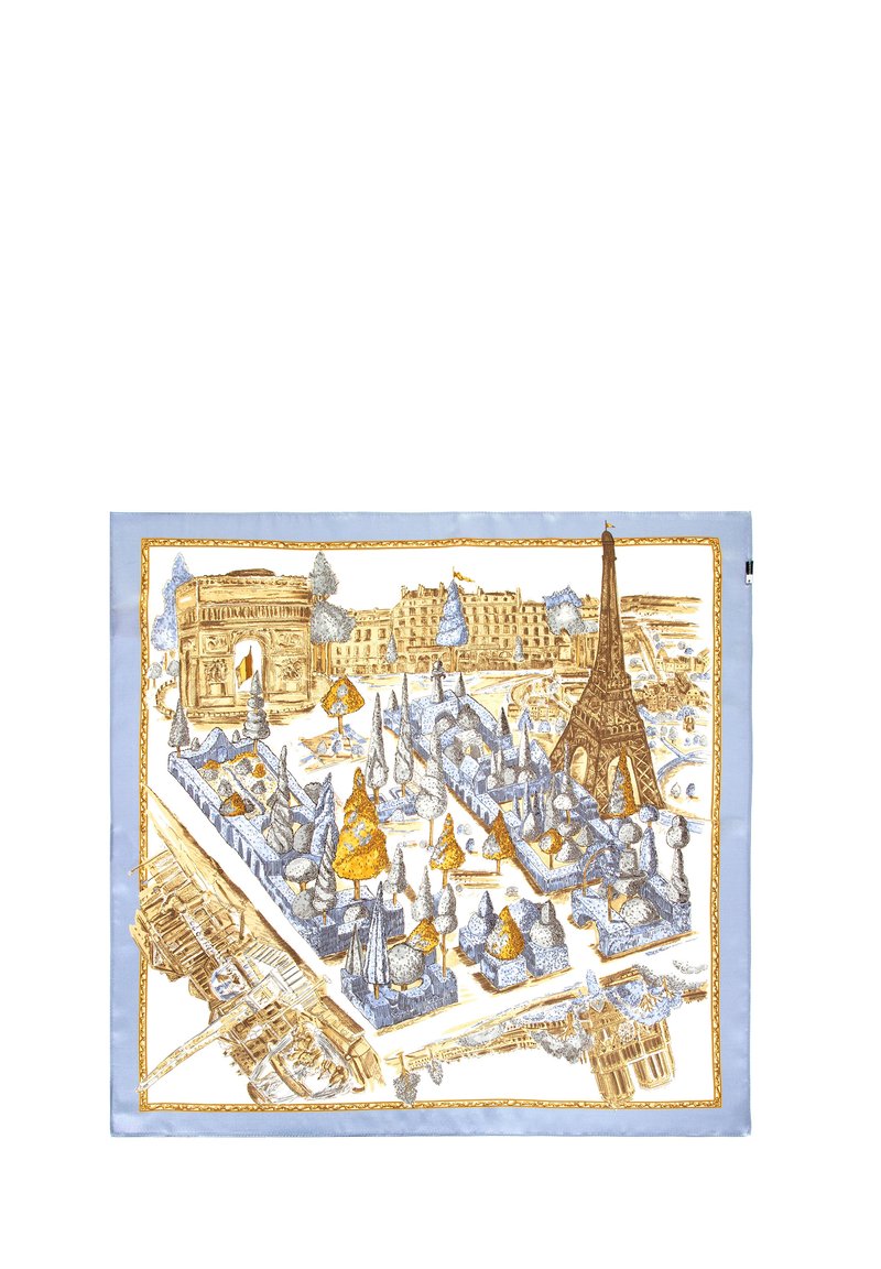 Bufanda de seda con un fondo azul y complejas ilustraciones en dorado y marrón de los monumentos de París, incluyendo la Torre Eiffel y el Arco de Triunfo.