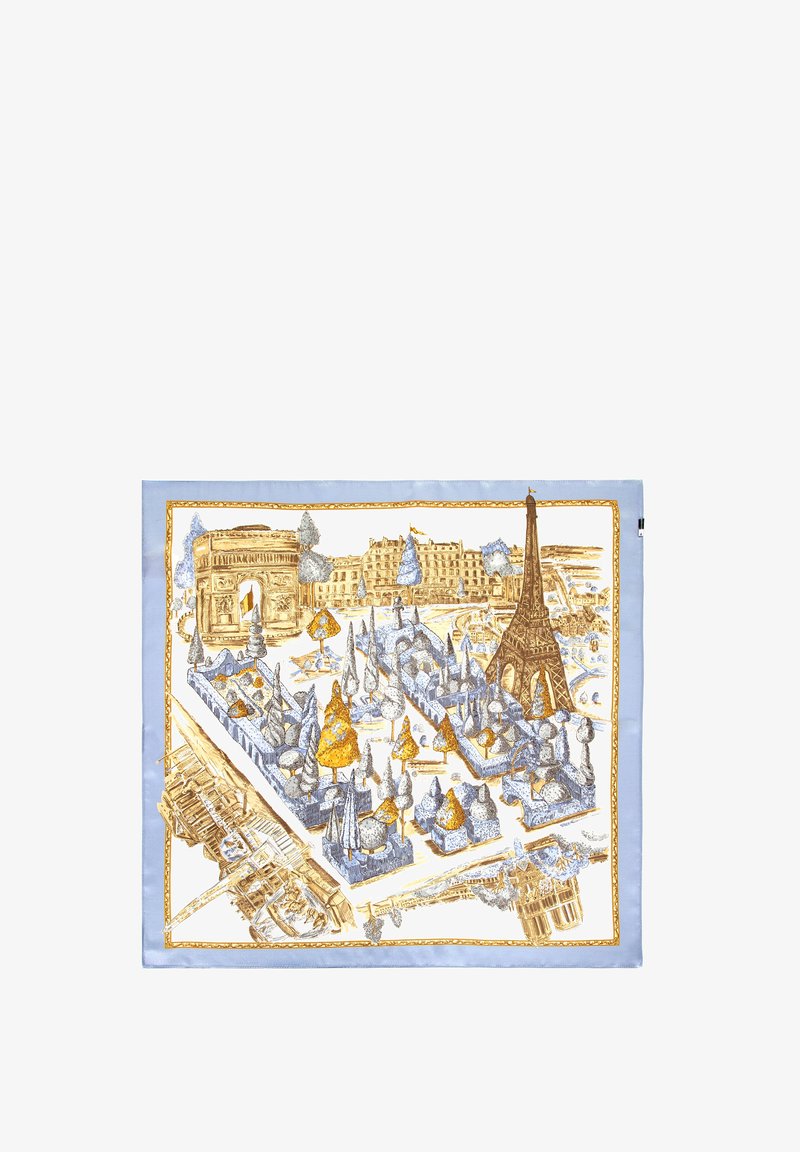 Bufanda de seda con un fondo azul y complejas ilustraciones en dorado y marrón de los monumentos de París, incluyendo la Torre Eiffel y el Arco de Triunfo.