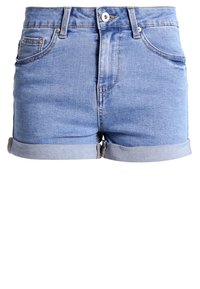 Vaaleansiniset farkkushortsit, joissa on korkea vyötärö, käännetty lahje, etutaskut sekä napitus, jossa on kontrastiväriset ompeleet.