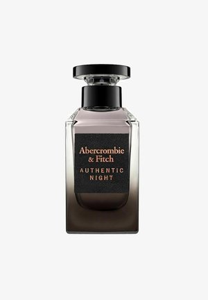 Abercrombie & Fitch Authentic Night -hajustepullo mustalla ja savunharmaalla lasilla, ruusukultaisella tekstillä ja pyöreällä mustalla korkilla.