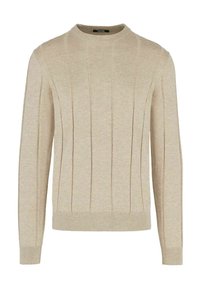 Beige gebreide trui met verticale geribde textuur, ronde hals, lange mouwen en aangesloten manchetten en zoom. Eenvoudig, klassiek ontwerp.