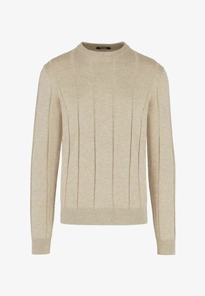 Beige gebreide trui met verticale geribde textuur, ronde hals, lange mouwen en aangesloten manchetten en zoom. Eenvoudig, klassiek ontwerp.