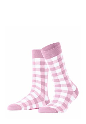 Roze en witte geruite katoenen sokken met een geribde bovenrand, met een zachte textuur en contrasterende teen-, hiel- en boordensecties.