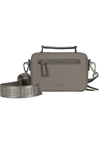 Sivá syntetická crossbody taška s hornou rukoväťou, nastaviteľným popruhom, prednou zipsovou vreckom a logom na popruhu.
