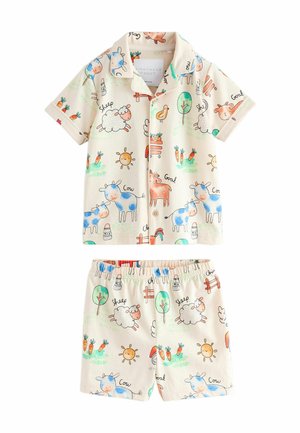 Kurzärmliges Hemd mit Knöpfen und Shorts mit elastischem Bund, bedruckt mit bunten Bauernhoftieren, Bäumen, Sonne, Karotten und Milchflasche auf cremefarbenem Stoff.