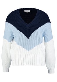 Pletený svetr s hlubokým výstřihem do V, troj�úhelníkovým barevným blokem v námořnické modré, světle modré a bílé. Hladké manžety a lem.